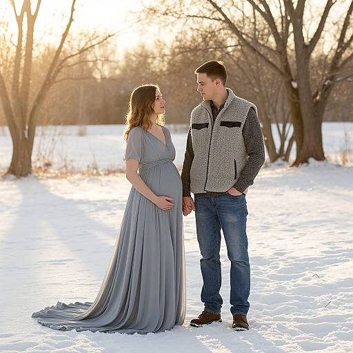 Pregnant woman in a flowing gray dress and man in a gray vest and jeans stand in a snowy, sunlit forest.