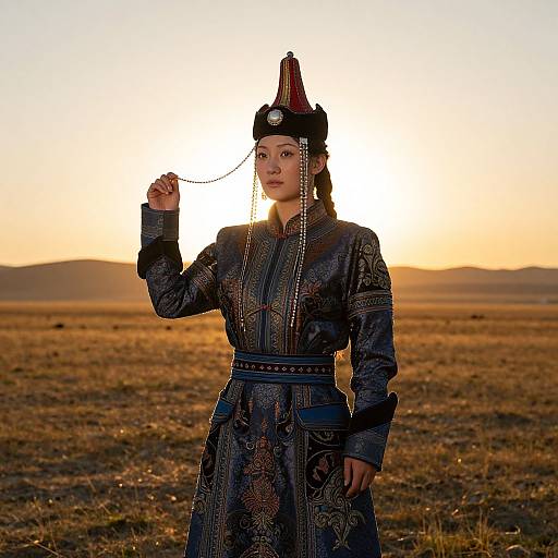 Mongolian Woman in Radiant Sunset
