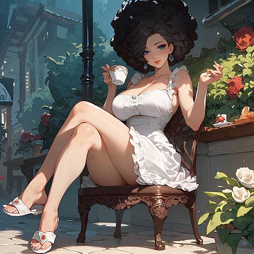 Woman in White Sundress Drinking Tea Outdoors