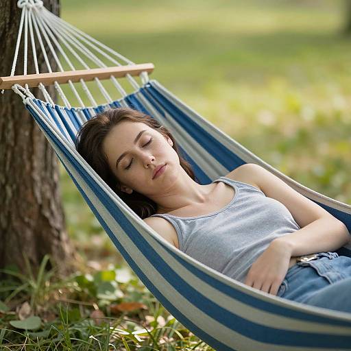 Photograph of a young woman with fair skin and brown hair, wearing a light gray tank top, peacefully sleeping in a blue-striped hammock outdoors.
