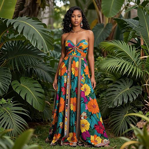 Photograph of a Black woman with curly hair, wearing a vibrant, strapless floral dress, standing in a lush tropical garden.