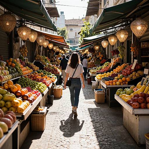 Sunlit Alleyway with Vibrant Fruit Stalls