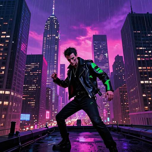 Cyberpunk cityscape photograph: muscular man with spiky black hair, leather jacket, green stripes, and black pants, poses on rooftop at night
