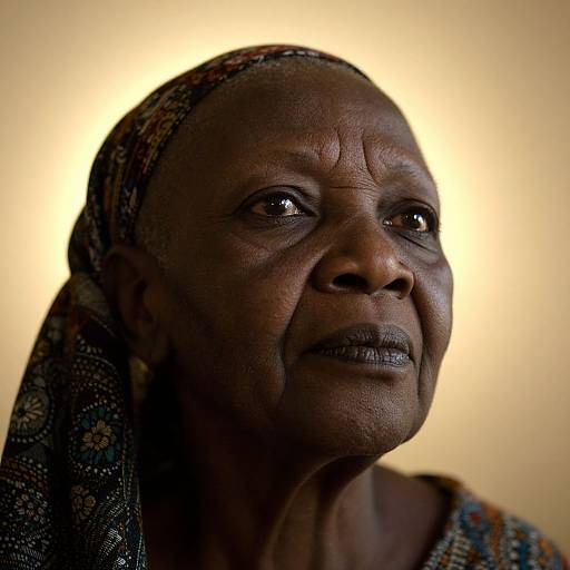 Photograph of an elderly African woman with dark skin, wearing a patterned headscarf and textured blouse, softly lit with a glowing yellow halo background