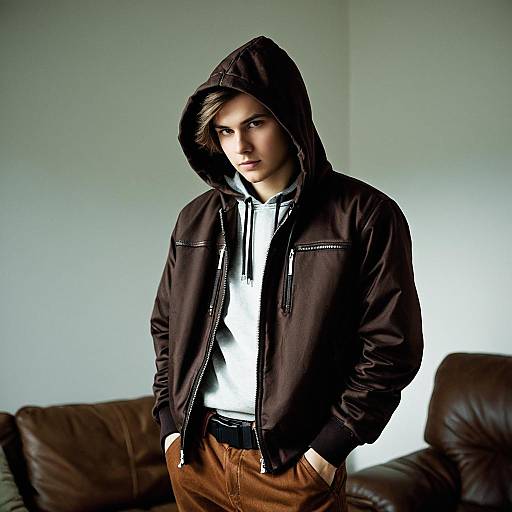 Young Man in Brown Hoodie and Jacket
