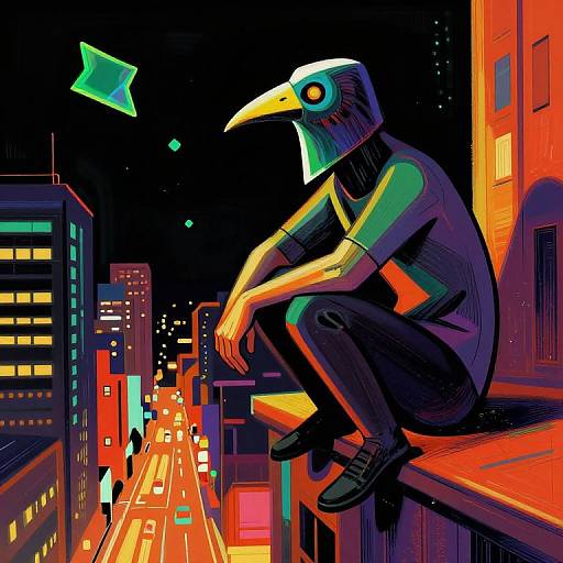 Digital illustration of a humanoid bird with a yellow beak and black mask, sitting on a city rooftop at night, overlooking a brightly lit, neon-colored