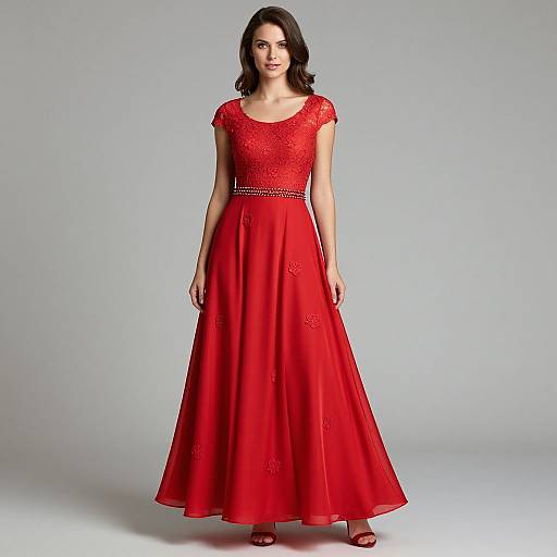 Photograph of a woman with fair skin, dark brown wavy hair, wearing a vibrant red, short-sleeve, lace dress with a floral