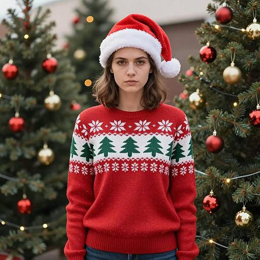 Serious Young Woman in Christmas Sweater and Santa Hat