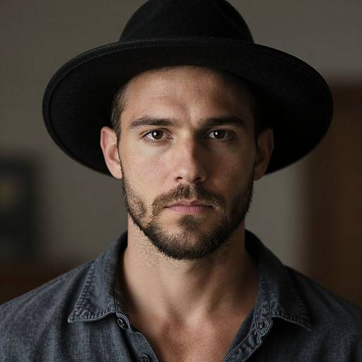 Photograph of a serious, bearded man with fair skin, brown eyes, wearing a black hat and denim shirt, against a blurred background.