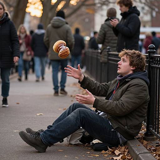 Photograph of a young man with short brown hair, sitting on a park bench, catching a spinning donut, surrounded by winter-dressed pedestrians.