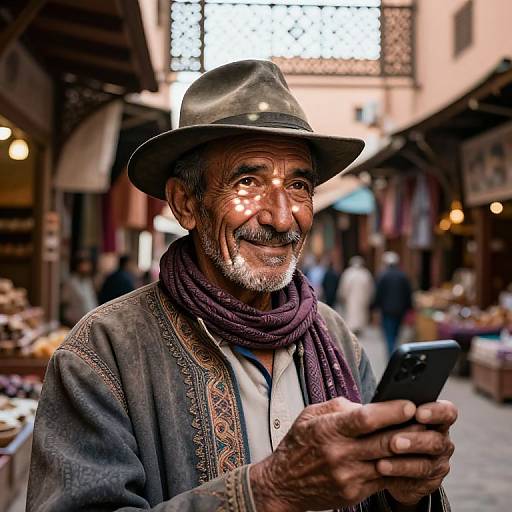Photograph of an elderly man with a gray beard, wearing a black hat, purple scarf, and embroidered jacket, smiling while holding a smartphone in a