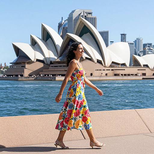 Photograph of a woman with dark hair in a colorful floral dress walking along a waterfront, Sydney Opera House and city skyline in the background. Bright sunny