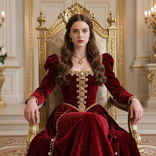 Photograph of a young woman with long brown hair, wearing a rich red velvet dress with gold embroidery, sitting on an ornate gold throne in a