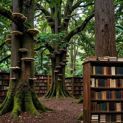 Photograph of a lush forest with tall, moss-covered trees with white shelf-like growths. Wooden bookshelves filled with books are placed among the