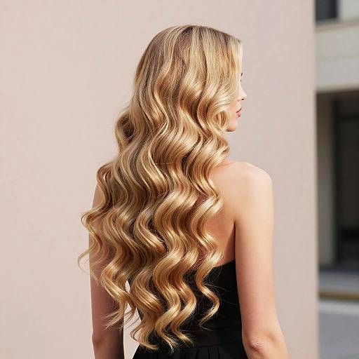 Photograph of a blonde woman with long, wavy, golden hair, wearing a black strapless dress, standing against a white wall.