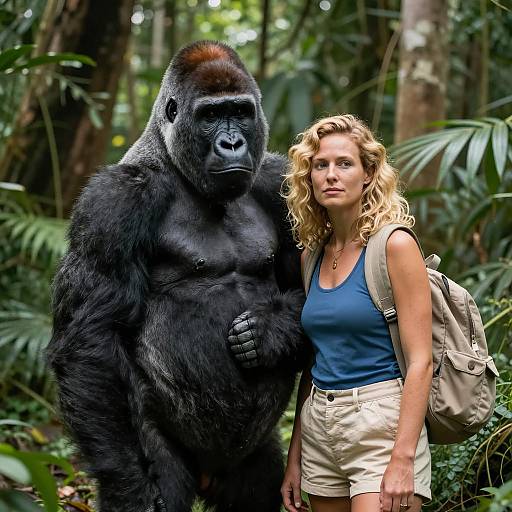 Portrait of Woman and Gorilla in Jungle