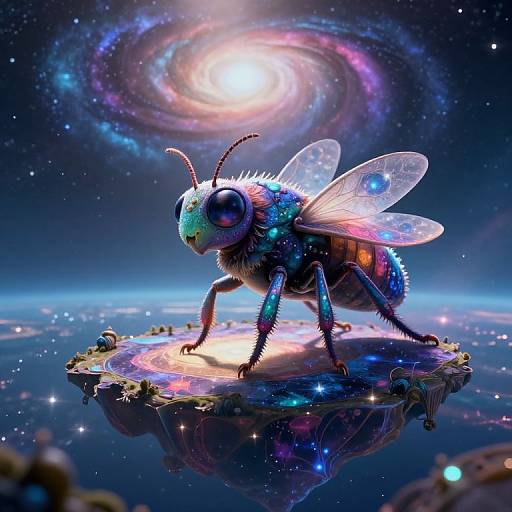 Digital artwork of a glowing, iridescent bee with translucent wings standing on a floating, starry island under a vibrant, swirling galaxy.