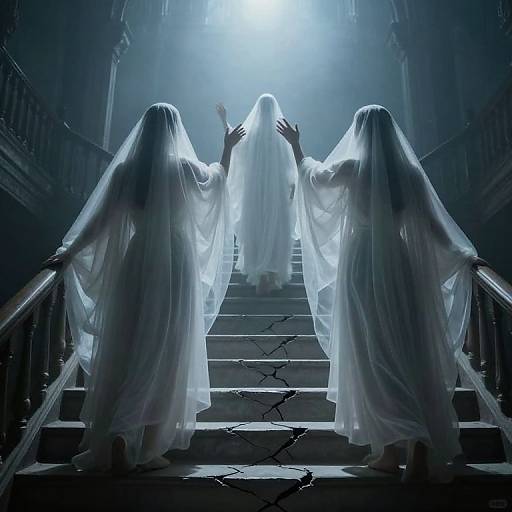 Photograph of three ghostly figures in white, flowing cloaks, ascending dimly lit, cracked stone stairs, raising arms towards bright, bluish