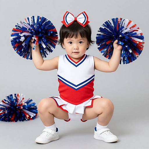 Photograph of a cute Asian baby squatted, wearing a red and white cheerleader outfit, holding blue and red pom-poms, with a matching