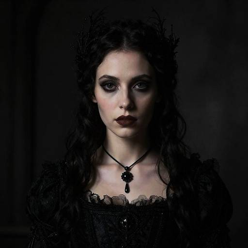 Gothic portrait of a pale woman with dark curly hair, black lace dress, and necklace, set against a dark background.