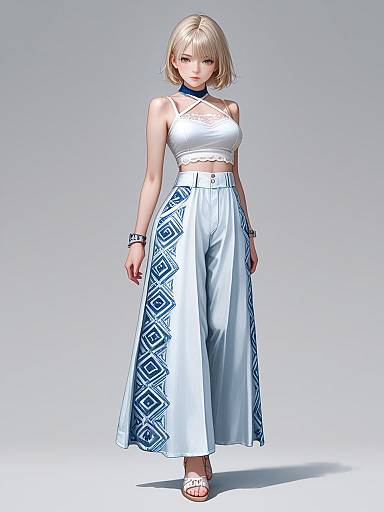 Woman in Summer Halter Crop Top and Wide-Leg Trousers