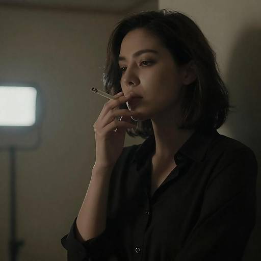 Moody Portrait: Woman Smoking in Dim Room