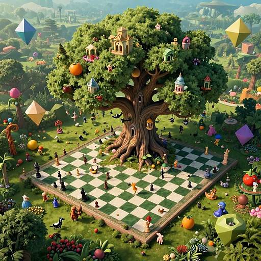 Whimsical digital artwork of a giant tree with houses, checkered chess board, colorful balloons, and miniature fairy tale characters in a vibrant, fantasy