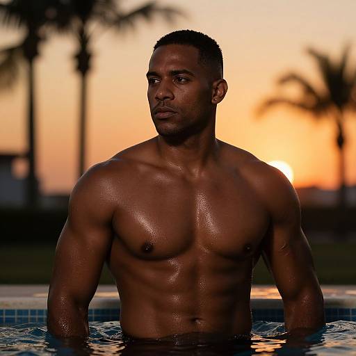 Photograph of a muscular, dark-skinned man with short hair, standing in a pool at sunset, gazing ahead, with palm trees and a