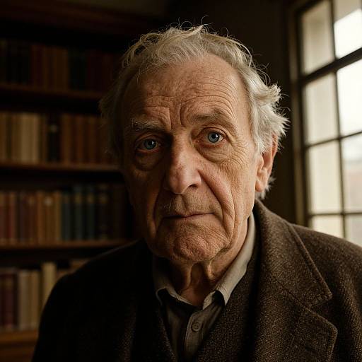 Photograph of an elderly man with white hair, wrinkled skin, blue eyes, wearing a brown coat, in a dimly lit library with book