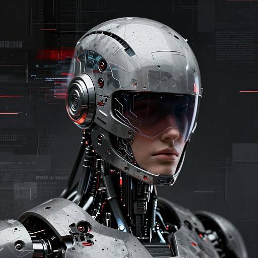 CGI image of a futuristic, silver robotic humanoid with a transparent visor, black background, intricate mechanical details, and red accents.