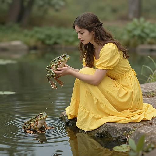 Photograph of a young woman in a yellow dress, kneeling by a pond, gently holding a frog while another frog swims nearby.