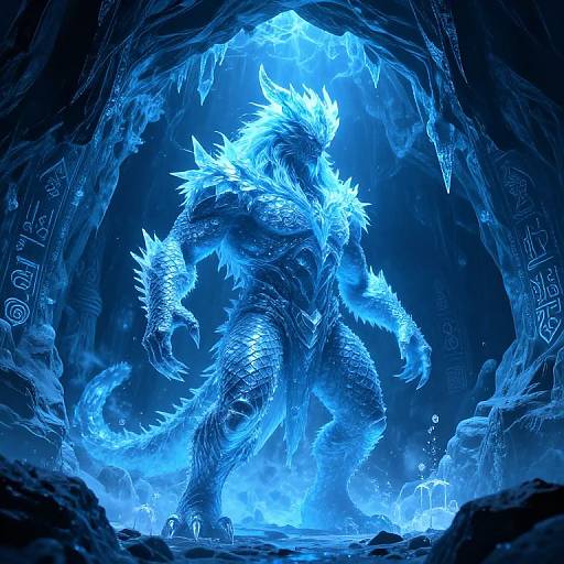 Digital artwork of glowing blue Godzilla-like creature with spikes, standing menacingly in a dark, icy cavern with glowing blue runes.