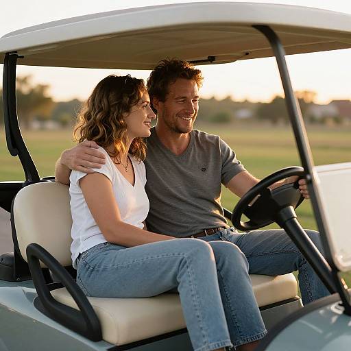 Photograph of a smiling couple in a golf cart at sunset; woman in white top and blue jeans, man in gray shirt and jeans, both seated