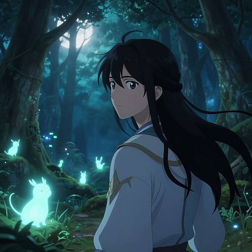 Anime-style digital artwork of a long-haired, black-haired boy with blue eyes, wearing a white shirt, standing in a glowing, moonlit forest with