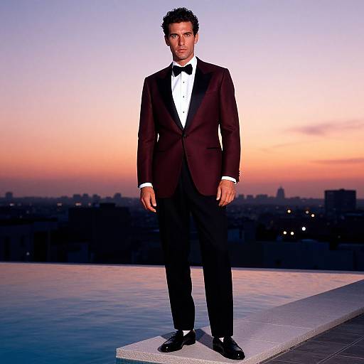Stylish Man in Burgundy Tuxedo at Sunset