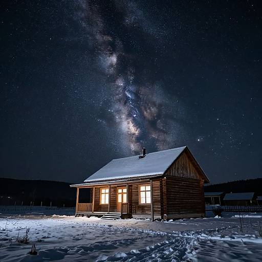 Photograph of a wooden cabin with glowing windows under a starry night sky, with the Milky Way visible overhead. Snow-covered ground surrounds the cozy,