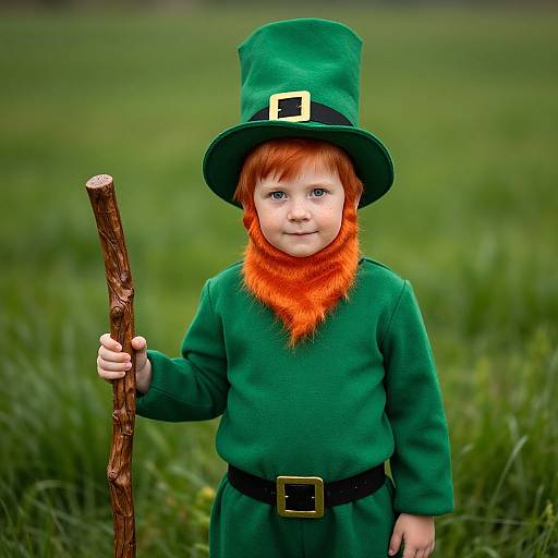 Photograph of a young boy with red hair and beard, wearing a green leprechaun outfit, tall hat, and holding a wooden stick,