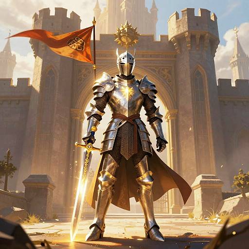 Digital illustration of a shining armored knight with a sword, holding a red flag, standing before a grand medieval castle. Sunlight illuminates the scene,