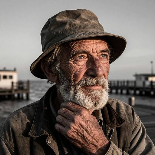 Photograph of an elderly, white-haired man with a weathered face, wearing a worn brown hat and jacket, standing by a blurred waterfront pier at