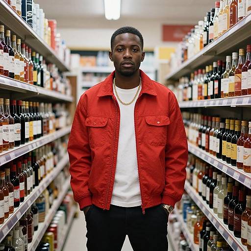 Confident Man in Vibrant Liquor Store