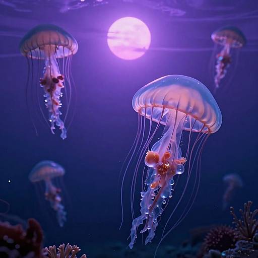 Photograph of glowing, translucent jellyfish with orange bell and tentacles, floating in deep blue ocean water under a bright full moon.
