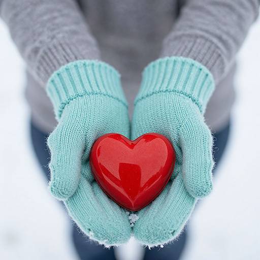 Photograph of hands in light blue knit gloves holding a shiny red heart, against a blurred white background. Wearing grey sweater.