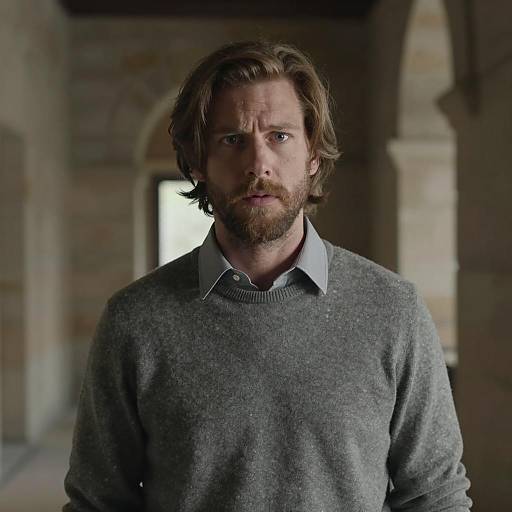 Portrait of a Thoughtful Man in Stone Hallway