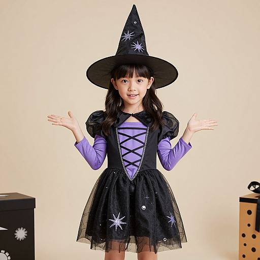 Photograph of an Asian girl in a black witch costume with a pointed hat, purple long-sleeve top, black lace-up dress, and black
