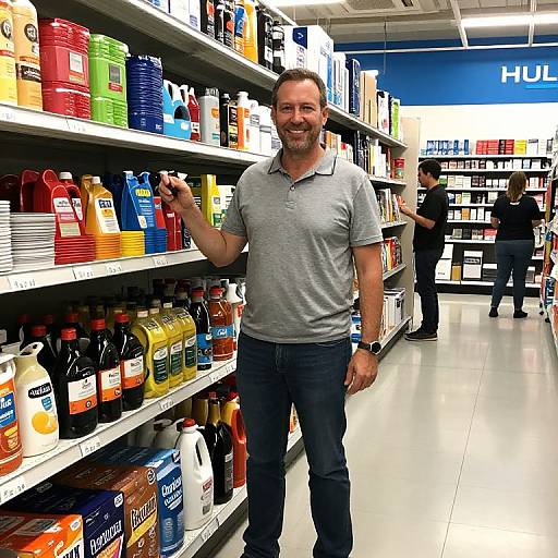 Photograph of a smiling, bearded man in a gray polo shirt and blue jeans, standing in a brightly lit supermarket aisle filled with various cleaning supplies