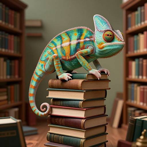 Photorealistic CGI: Vibrant green and orange striped chameleon perched on a stack of old books in a dimly lit library.