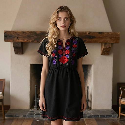 Young Woman by Rustic Fireplace