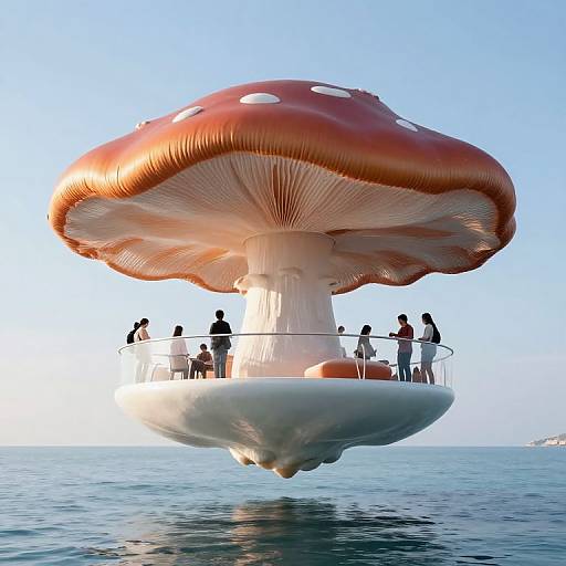 Photograph of a group of people on a floating, oversized red-and-white mushroom-shaped boat with a clear blue sky and calm sea.