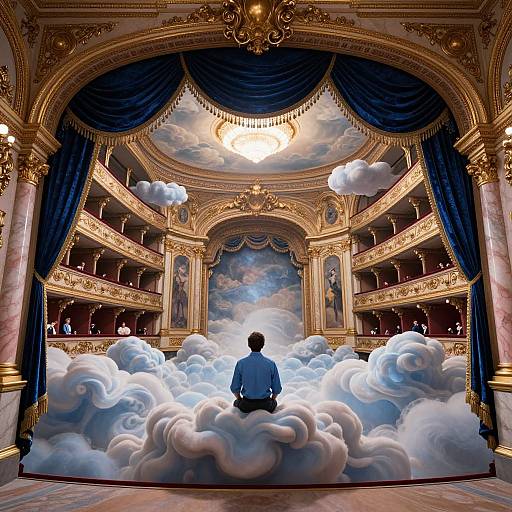 Photorealistic digital artwork: A solitary man in a blue shirt sits on fluffy white clouds in an opulent, gold-accented theater with dramatic