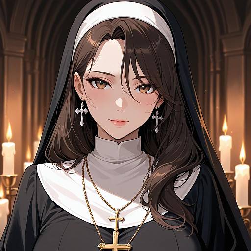 Anime Style Nun with Cross Jewelry